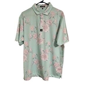 Bad Birdie Polo Golf Shirt Mens XL Garden Floral Aqua Blue Green Short Sleeve